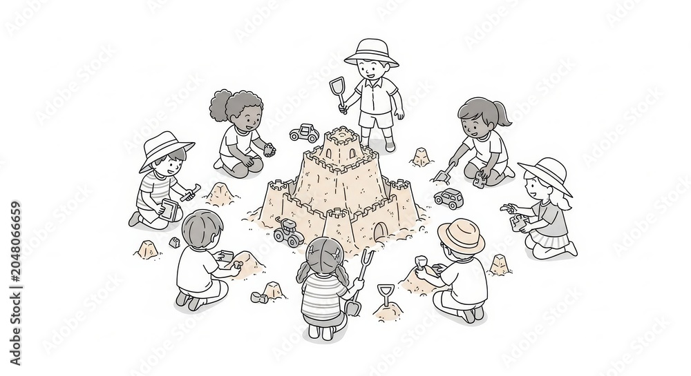 Obraz premium Childhood - Diverse Group of Children Building a Large Sandcastle Together Outdoors with Shovels and Toy Trucks