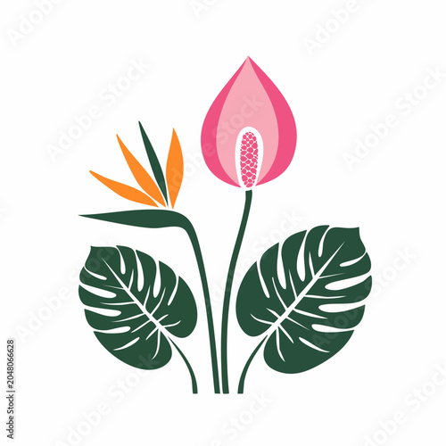 Stylized Tropical Flowers and Leaves Illustration