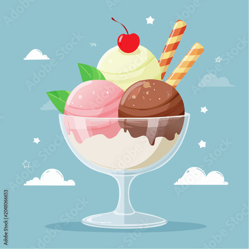 Three Scoops of Ice Cream Sundae with Cherry and Wafer Sticks
