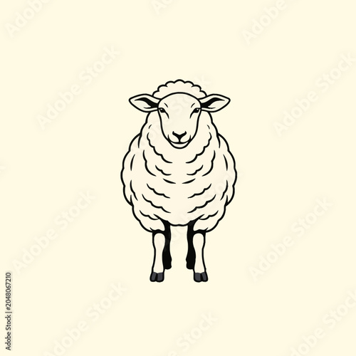 Vector illustration of a white fluffy sheep standing and facing forward. Minimalist black line art design on a light beige background. Front view of an adult woolly farm animal.