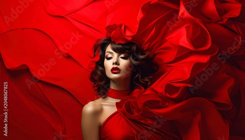 A woman in a vibrant red dress and flowing fabric looks downward, hair styled with a flower. The image evokes elegance