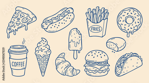 Fast Food Hand Drawn Vector Icon Set for Menu and Cafe Design