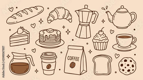 Coffee Breakfast Hand Drawn Vector Icon Set for Cafe Menu Design