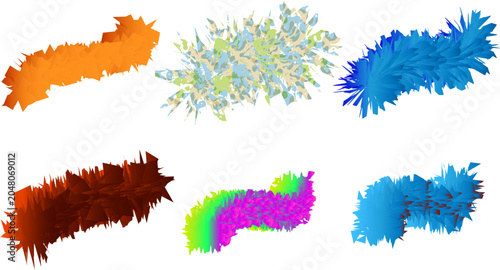 Set of six Fluffy Abstract fur-curvy blue, red, green, purple, fur strip - isolated, soft faux fur element for fashion and decorative design projects