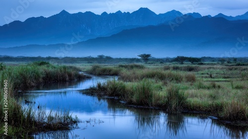 Tranquil waterway winding through a grassy plain, reflecting a blue-toned mountain range.