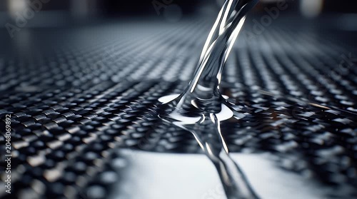 Clear water pouring onto black carbon fiber textured surface