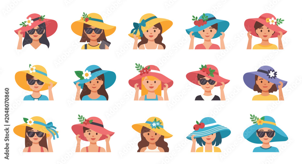 Obraz premium Diverse Women in Colorful Flat Vector Illustration Sun Hats, Summer Fashion Lifestyle Collection