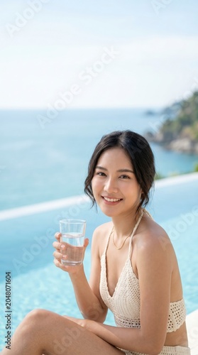 Young woman holding a glass of water relaxing by an infinity pool overlooking the ocean on a sunny summer day with a serene and joyful atmosphere.