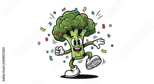 Happy broccoli cartoon character running with confetti