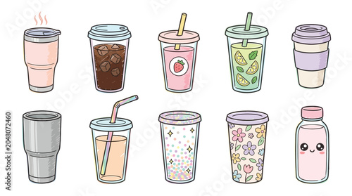 Quadro su tela Collection of cute cartoon drinks in various cups and bottles, perfect for summer or cafe themes