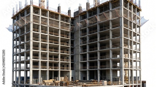 Construction of a high-rise building with concrete floors and columns