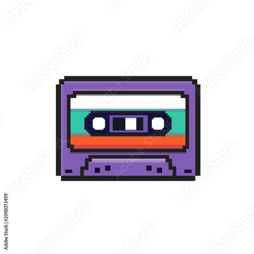 Pixel art cassette tape icon featuring vintage audio media and retro music technology, ideal for gaming assets, nostalgic designs, music themes and creative projects.