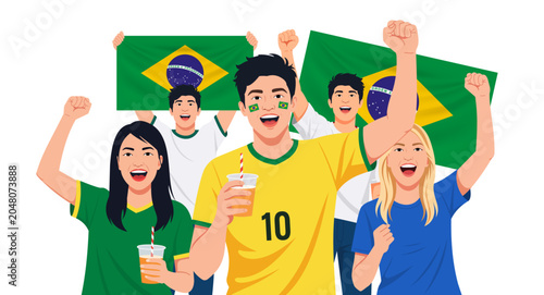 Tableau sur toile Vector illustration of enthusiastic Brazilian football fans cheering with flags and team-inspired jerseys