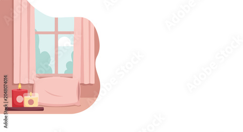Foto A cozy room with pink curtains, a large pillow, and lit candles by a window, creating a peaceful and relaxing atmosphere for home comfort