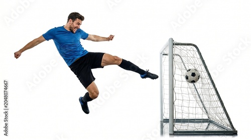 Man in blue shirt kicking a soccer ball towards a goal on white background