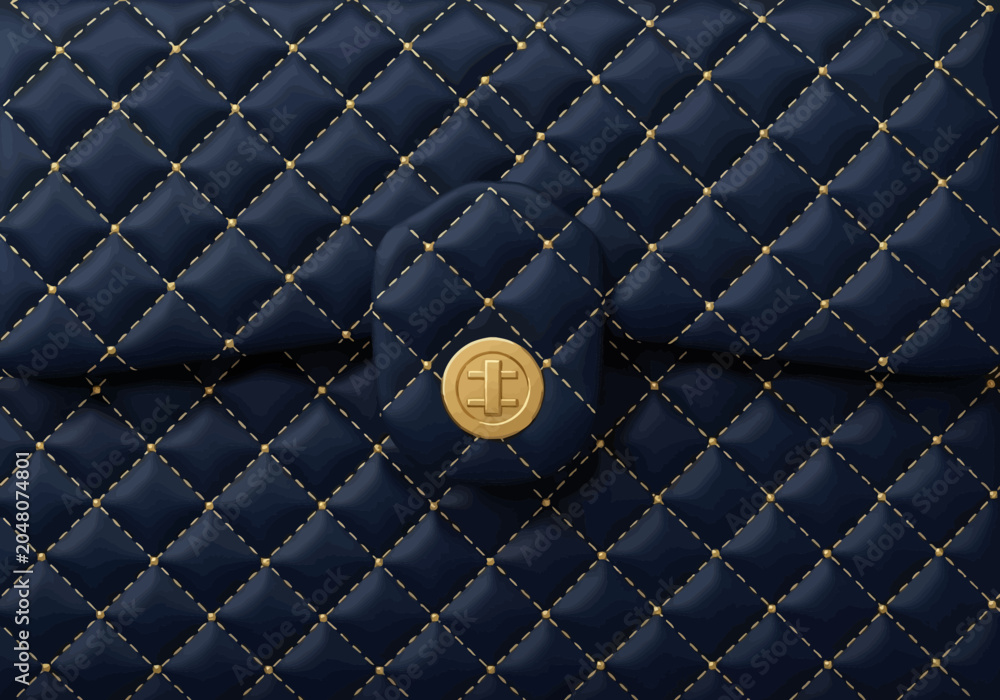 Fototapeta premium Detailed close-up of navy blue quilted leather with gold diamond-pattern stitching and small gold studs, featuring a central circular gold metallic clasp for luxury handbag design.