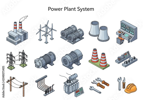 Isometric illustration of a power plant system, featuring various components like turbines, transformers, and control panels