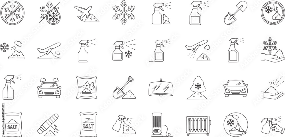 Fototapeta premium Collection of line depicting winter weather and snow removal tools snowflake cold