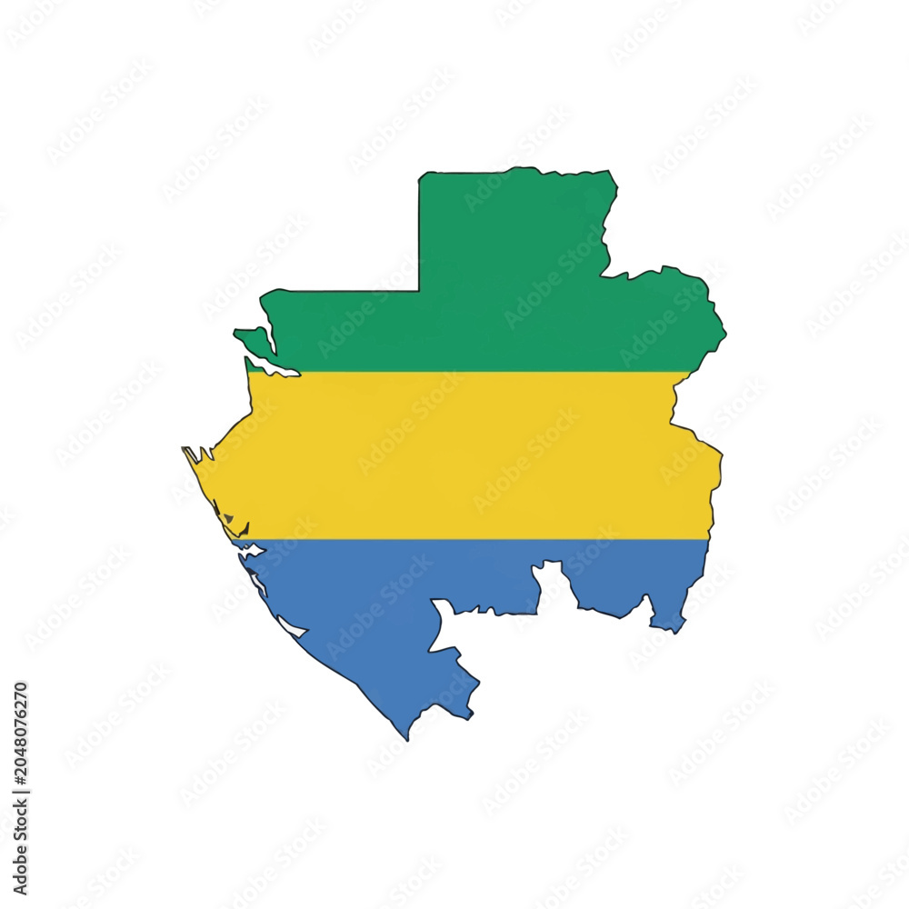 Obraz premium Silhouette of the country map of Gabon with the official national flag colors of green, yellow, and blue horizontal bands, isolated on a plain white background for graphic design.