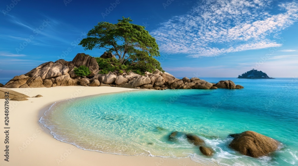 Fototapeta premium Idyllic Tropical Seascape with Soft White Beaches and Crystal Clear Water Under a Blue Sky