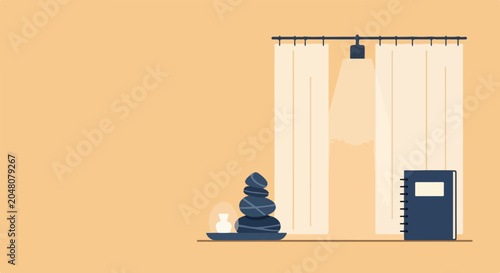 Photography A minimalist vector illustration featuring a tranquil interior setting with curtains, a stack of zen stones, and a dark blue notebook
