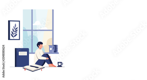 Bilde på lerret A man sits on the floor near a large window, appearing tired or thoughtful while surrounded by books and a cup of coffee in a minimalist room