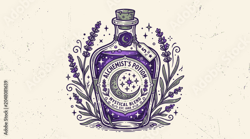 фотографія Mystical potion bottle illustration with floral elements and crescent moon