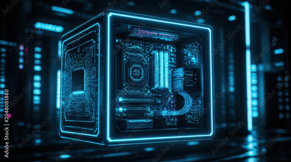 Fototapeta premium Futuristic quantum computer cube glowing with blue neon light circuits in dark server room.