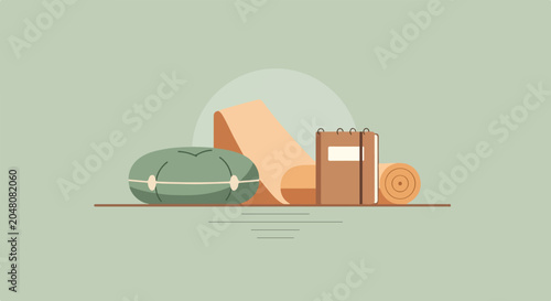 Tableau sur toile This is a vector illustration of a meditation cushion, a rolled yoga mat, and a journal, all in soft earthy tones on a light green background