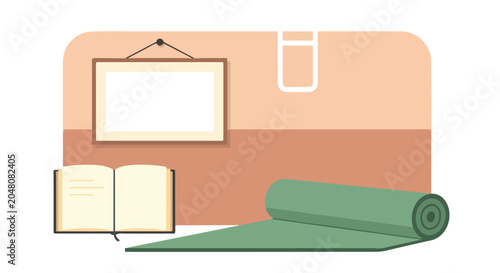 Valokuva An illustration of a cozy indoor setting featuring an open book, a rolled green yoga mat, and a blank framed picture against a two-toned wall