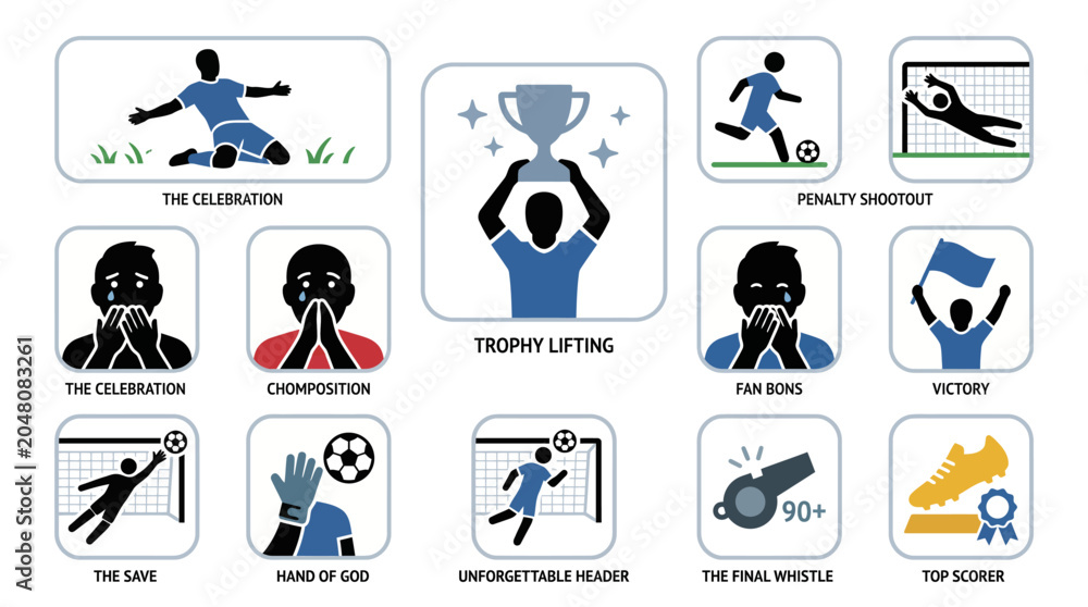 Fototapeta premium Iconic Soccer Match Moments and Historic Football Celebration Icon Set