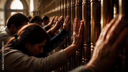 A group of diverse people in prayer, hands resting against ornate polished brass railings, conveying devotion and solemn reflection in a sacred space