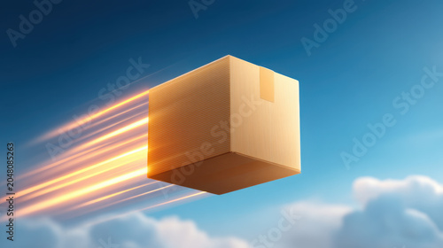 Cardboard package in fast flight through blue sky, glowing motion trail and cloud background
