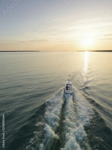 Small boat on calm water at sunset
