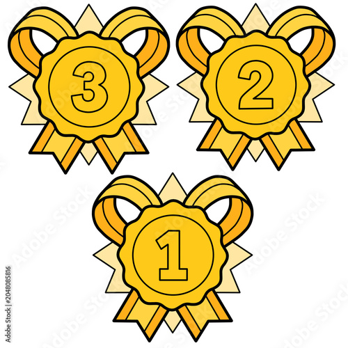 시상식 메달 순위 세트, 금메달 리본 아이콘, 1등 2등 3등 메달 일러스트, Award Ranking Medals, Gold Ribbon Medal Vector