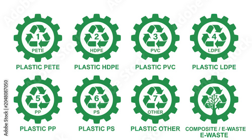 Obraz na płótnie Plastic resin identification code icons in green gear frames.