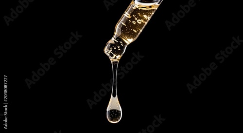 A golden liquid dropping from a pipette on a black background