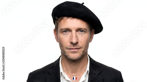 A handsome European man wearing a black beret and a French flag necklace looks directly at the camera.