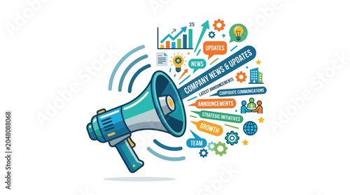 Megaphone announcing company news and updates with business icons and charts.