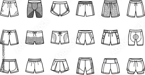 Photos Sports and Fitness Apparel: Black and White Line Art Icon Set of Various Athletic, Running, and Casual Shorts