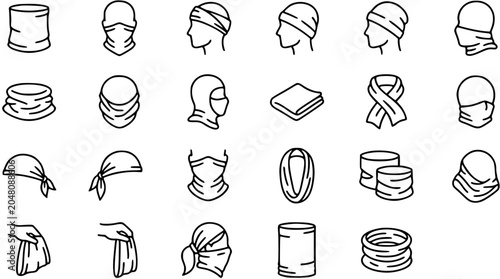 Multi-functional Headwear Line Art Icons. Buff Bandana, Neck Gaiter, Balaclava, Beanie, and Scarf Outline Symbols for Outdoor Sports  Protection