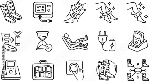 Compression Boots Icons, Medical Pneumatic Massager Device, Line Art Vector Set