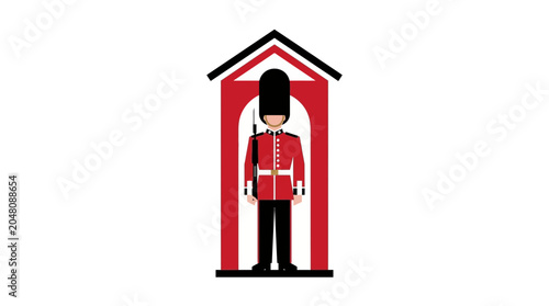 Canvas Print Iconic illustration of a British Royal Guard standing at attention inside a red sentry box, symbolizing London and the UK
