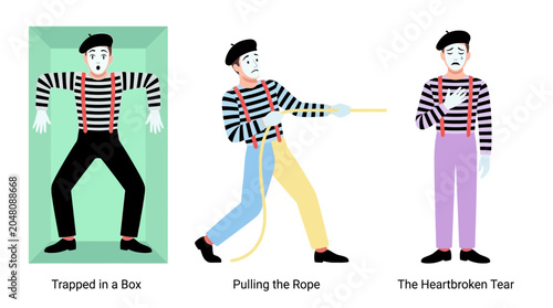 Fotografija Three Mime Performers Illustrating Different Emotions and Actions: Trapped in a Box, Pulling a Rope, and Heartbroken Tear