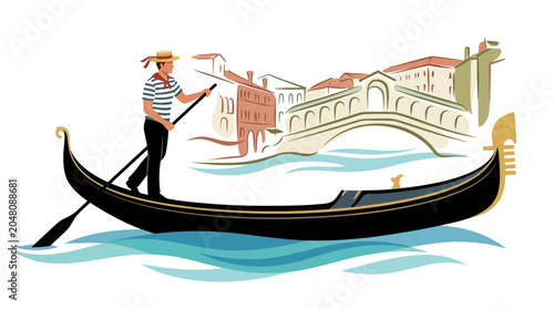 Foto Venetian gondolier navigating a canal with historic buildings and a bridge in the background