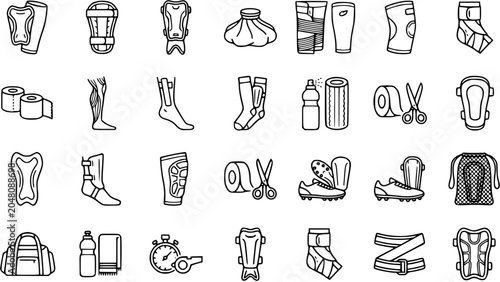 Black and White Line Art Icons of Sports Protective Gear, Athletic First Aid, and Training Equipment for Injury Prevention
