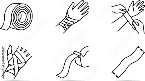 Photos Black and White Line Art Icons: Athletic Bandages and Tape for Sports Injury Pre
