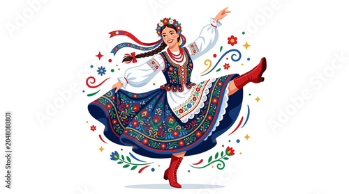 Young woman in traditional Polish folk costume dancing joyfully with colorful decorations.