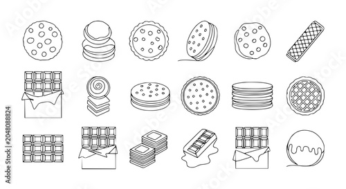 Quadro su tela Hand-drawn sweet treats collection: cookies, chocolate bars, and pastries in black and white outline style