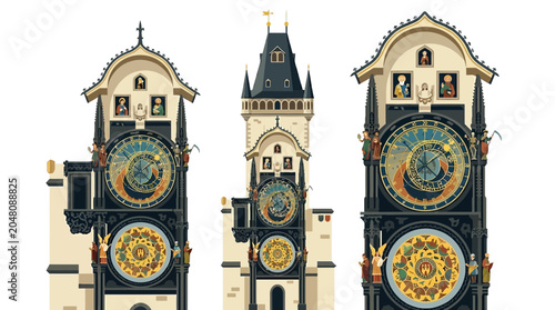 Three ornate astronomical clocks displayed side-by-side on a white background, showcasing intricate medieval craftsmanship and historical European architecture.